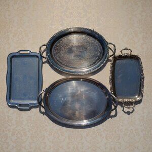 Lot of 4 Vintage Silverplate Serving Trays W.M. Rogers Wilcox Ornate w/ Handles